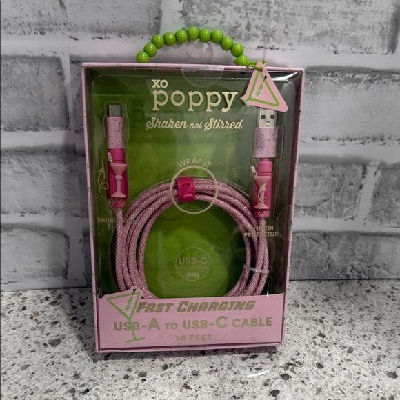 XO Poppy Pink “Shaken not Stirred” USB-A to USB-C Fast Charging 10 Foot Cable - Picture 1 of 3